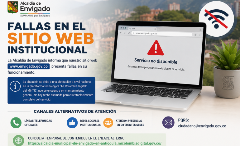 Sitio web de la Alcaldía de Envigado presenta fallas por contingencia nacional en plataforma del MinTIC