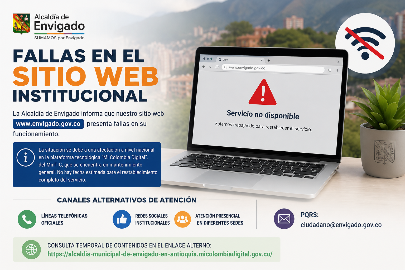 Sitio web de la Alcaldía de Envigado presenta fallas por contingencia nacional en plataforma del MinTIC