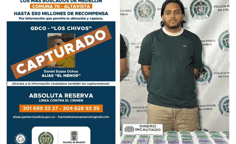 Capturan a alias “El Menor”, presunto cabecilla de “Los Chivos”, que habría amenazado al alcalde Federico Gutiérrez