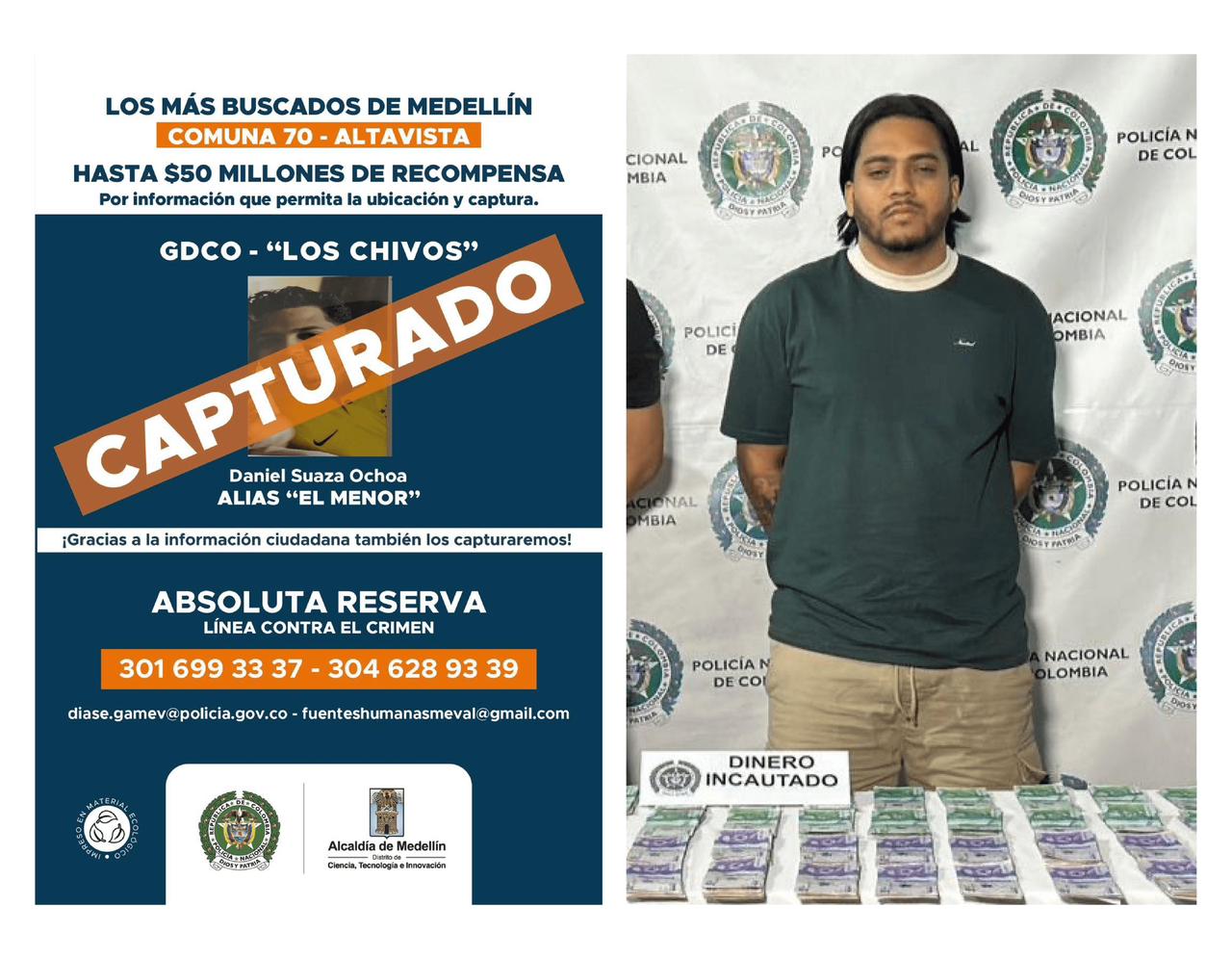 Capturan a alias “El Menor”, presunto cabecilla de “Los Chivos”, que habría amenazado al alcalde Federico Gutiérrez